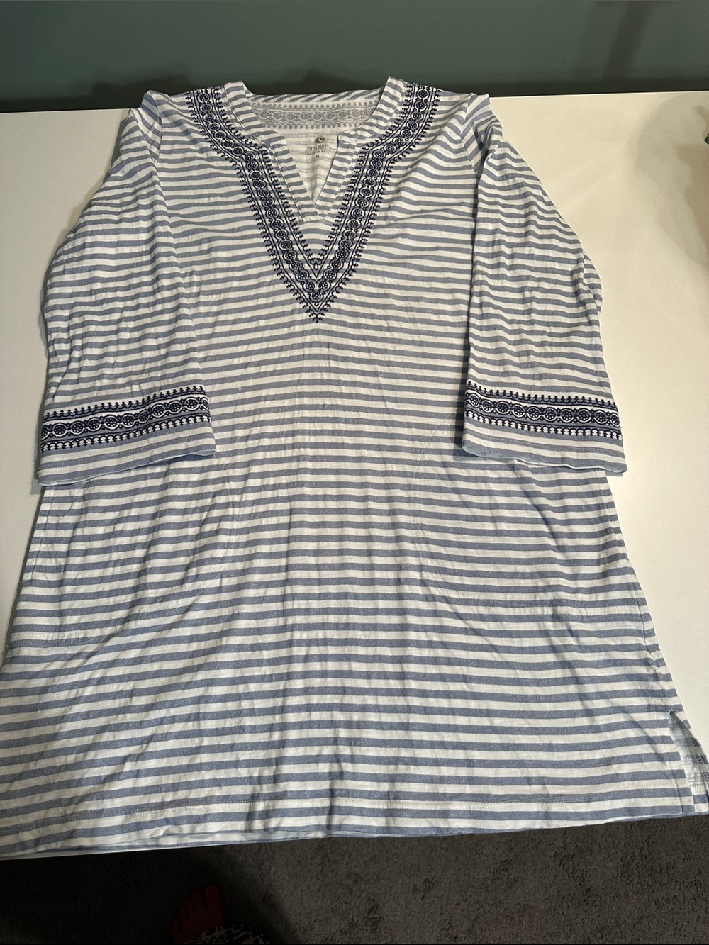 Spartina 449 Blue and White Striped Embroidered V-Neck Tunic